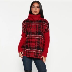 Pumpkin Spice Plaid Turtleneck Sweater - Red/combo